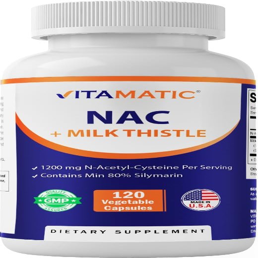 Vitamatic NAC Supplement N-Acetyl-L-Cysteine (NAC) with Milk Thistle 50:1 Extract - Supports Immune, Respiratory, Liver Health, 1200 mg per Serving, 120 Veg Capsules
