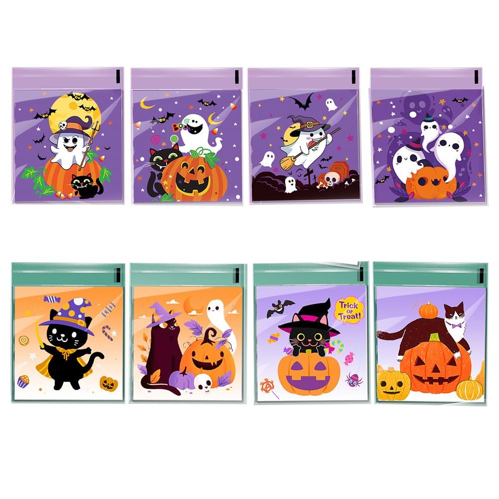 Colodeol 200 PCS Small Halloween Cellophane Treat Bags,Clear Self Adhesive Candy Bags,Plastic Cookie Bags for Trick or Treat, Halloween Goodie Bags for Party Favor Supplies