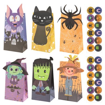 CAIRIAC Halloween Favor Bags Bulk, Halloween Treat Bags for Candy, 24 Pcs Halloween Trick or Treat Goody Gags, Halloween Paper Gift Bag with Halloween Stickers, Halloween Goodie Bags Party Supplies