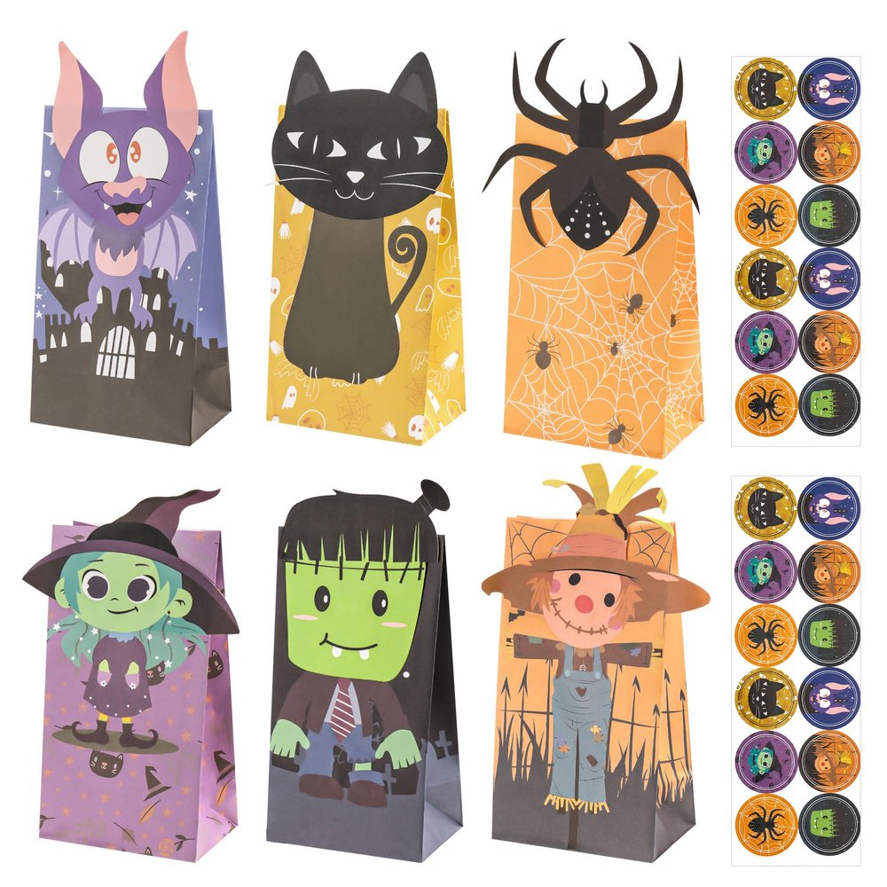 CAIRIAC Halloween Favor Bags Bulk, Halloween Treat Bags for Candy, 24 Pcs Halloween Trick or Treat Goody Gags, Halloween Paper Gift Bag with Halloween Stickers, Halloween Goodie Bags Party Supplies