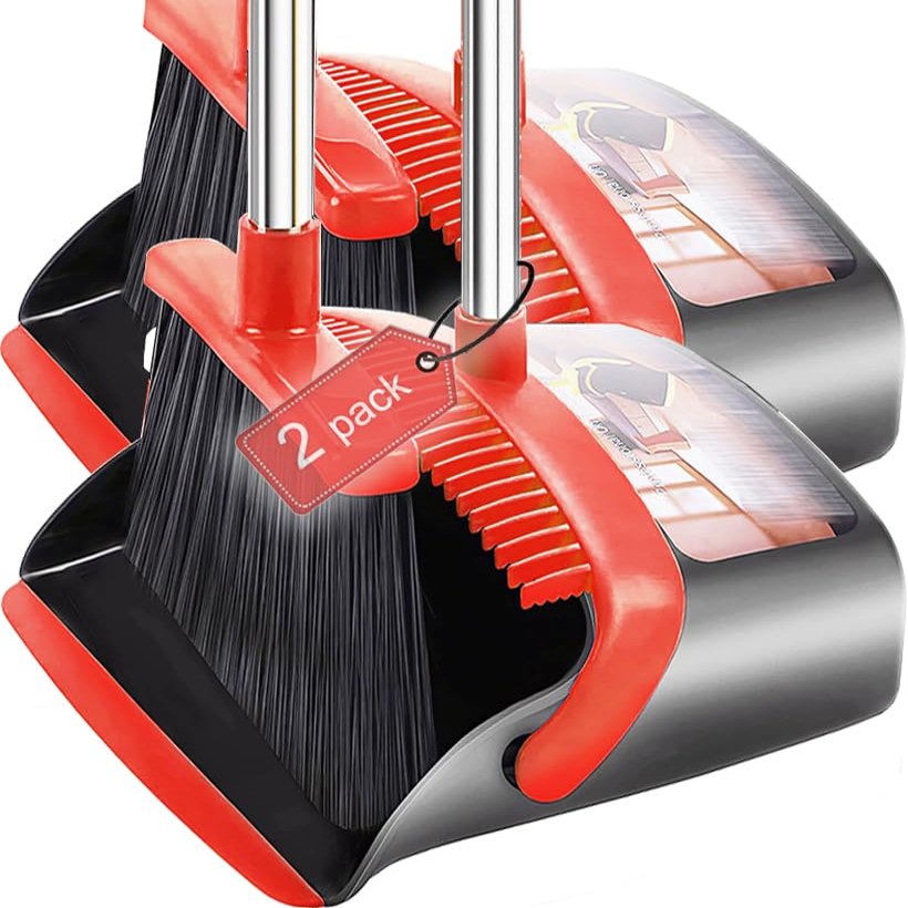 2-Pack is More economical,Brooms with Dustpan Combo Set with 52" Long Handle, Dustpan Teeth with self-Cleaning Function, Indoor and Outdoor Sweeping, Perfect for Home Office (Large/Red /2-Pack)