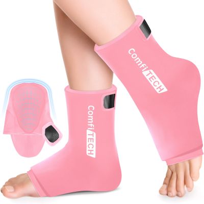 Comfitech Ankle Ice Pack Wrap Sleeve with Large Opening, Reusable Gel Cold Pad for Foot and Heel, Large, 2 Packs, Pink