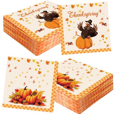 100 Pcs Thanksgiving Paper Napkins,Thanksgiving Cocktail Napkins, Friendsgiving Party Napkins, Fall Autumn Dinner Napkins, Disposable Decorative Pumpkin Turkey Napkin for Baby Shower Party (6.5*6.5)