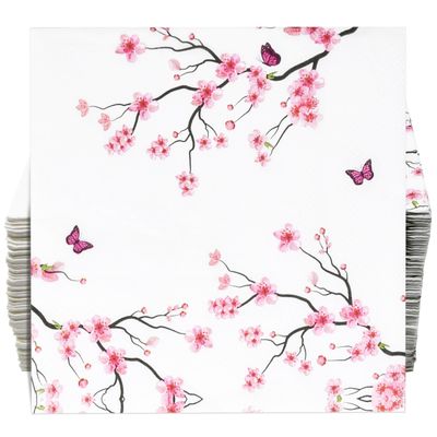 100 Pcs Floral Cherry Blossoms Cocktail Beverage Napkins Pink Cherries Blossom Flowers Disposable Paper Dessert Napkin Spring Birthday Party Supplies