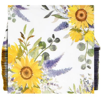 100 Pcs Sunflower Bunch Floral Cocktail Beverage Napkins Flowers Disposable Paper Dessert Napkin for Spring Summer Birthday Party Supplies Decor