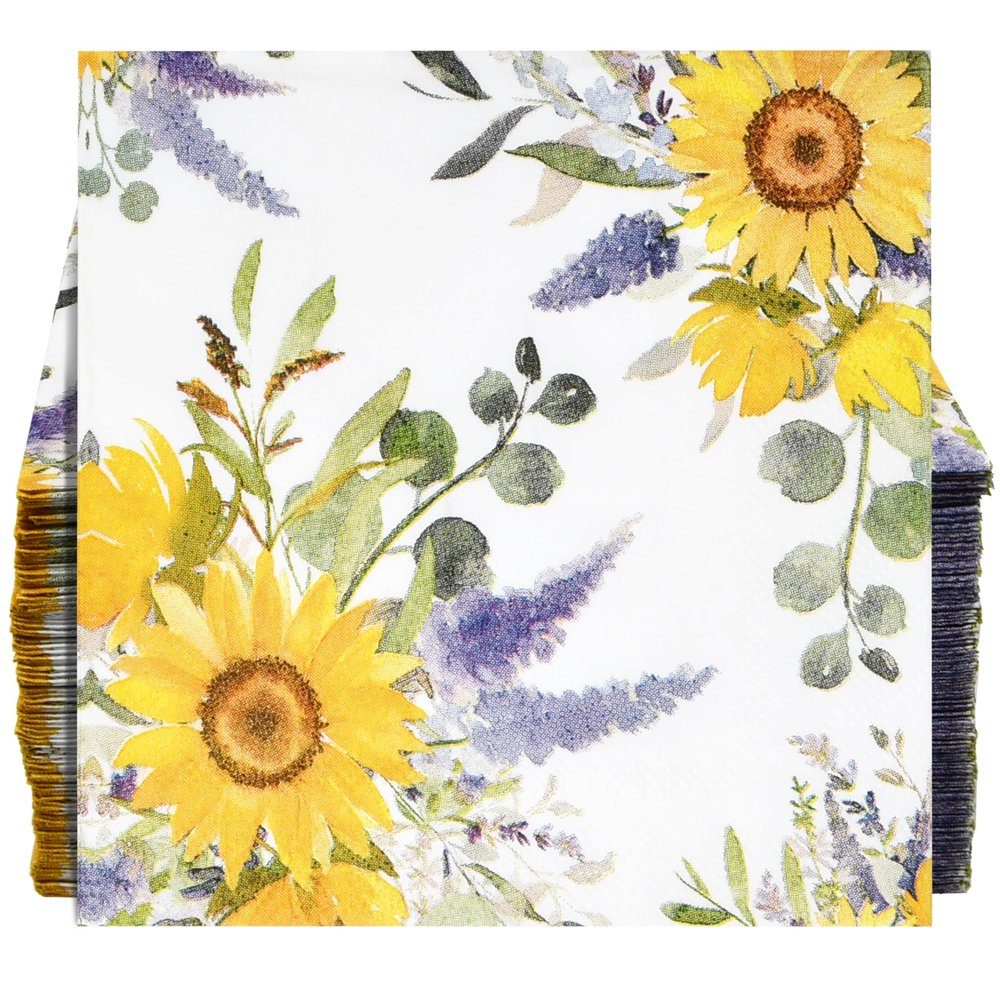 100 Pcs Sunflower Bunch Floral Cocktail Beverage Napkins Flowers Disposable Paper Dessert Napkin for Spring Summer Birthday Party Supplies Decor