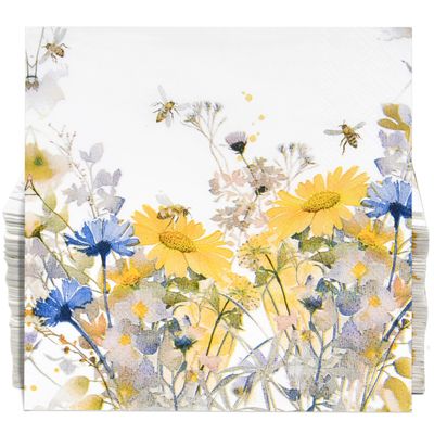 100 Pcs Floral Bees Cream Cocktail Beverage Napkins Bee Flowers Disposable Paper Dessert Napkin for Summer Spring Birthday Party Supplies