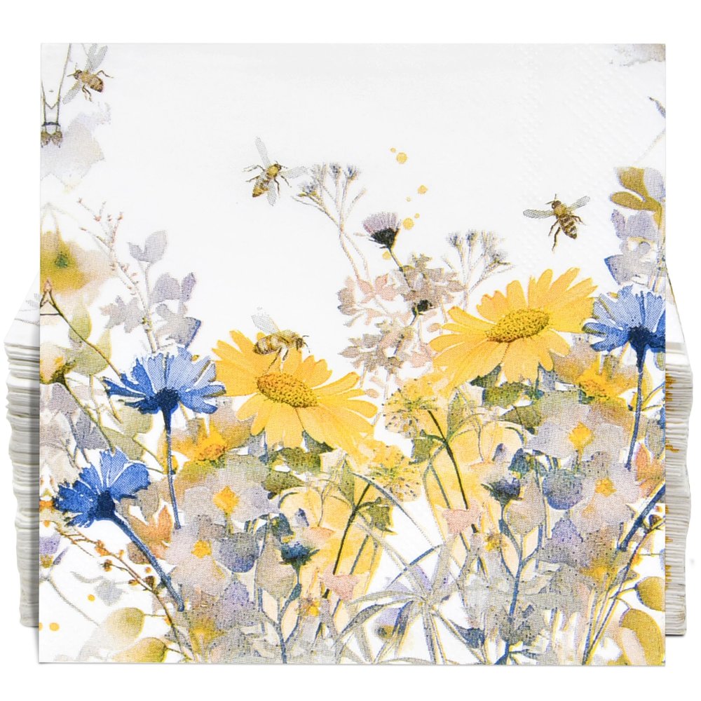 100 Pcs Floral Bees Cream Cocktail Beverage Napkins Bee Flowers Disposable Paper Dessert Napkin for Summer Spring Birthday Party Supplies