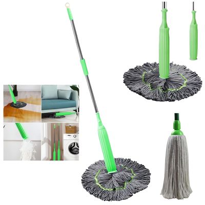 2 in 1 Dehydrated Mop - Floor Spin System With Wringer Set, 360 Degree Spin Round Wall Cleaning, Microfiber Ecloth Wet and Dry for Bathroom Floor Wall Bed (Green)