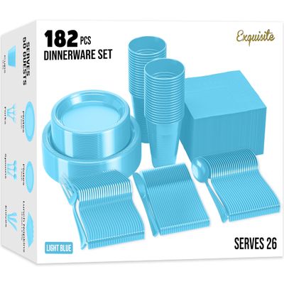 182 Pcs Light Blue Plastic Plates For Party, Light Blue Disposable Plates Set, 26 Of Each 9" Dinner Plate Set, 7" Dessert Plate, Cups, Napkins & Cutlery Plastic Dinnerware Exquisite