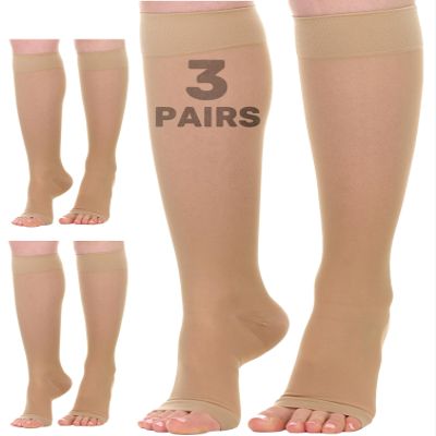 (3 Pack) Sheer Compression Socks for Women 20-30mmHg Open Toe - Toeless Womens Knee Highs Support Stockings for Circulation, Swelling, Varicose Veins - Beige, Medium - A416