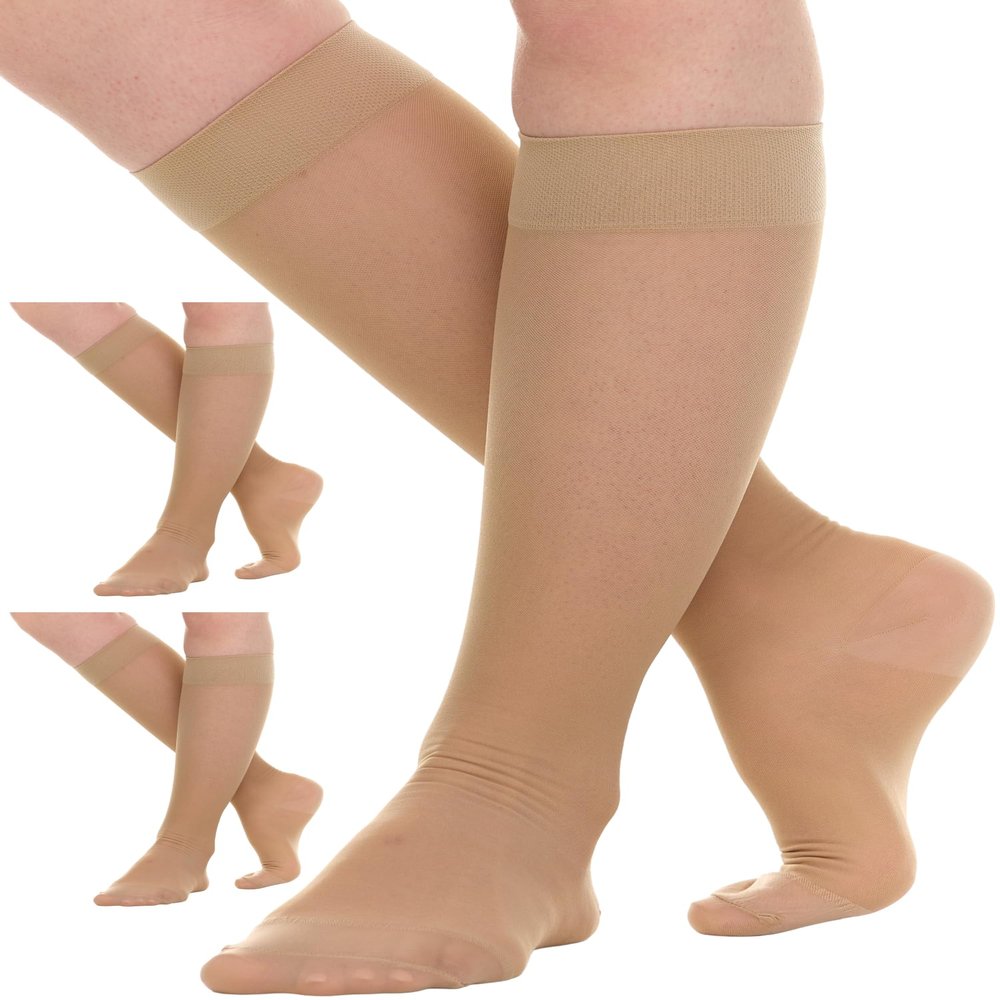 (3 Pairs) Sheer Compression Socks for Women 15-20mmHg - Womens Graduated Knee Highs Support Stockings for Circulation, Swelling, Varicose Veins, Lymphedema - Beige, Small - A403