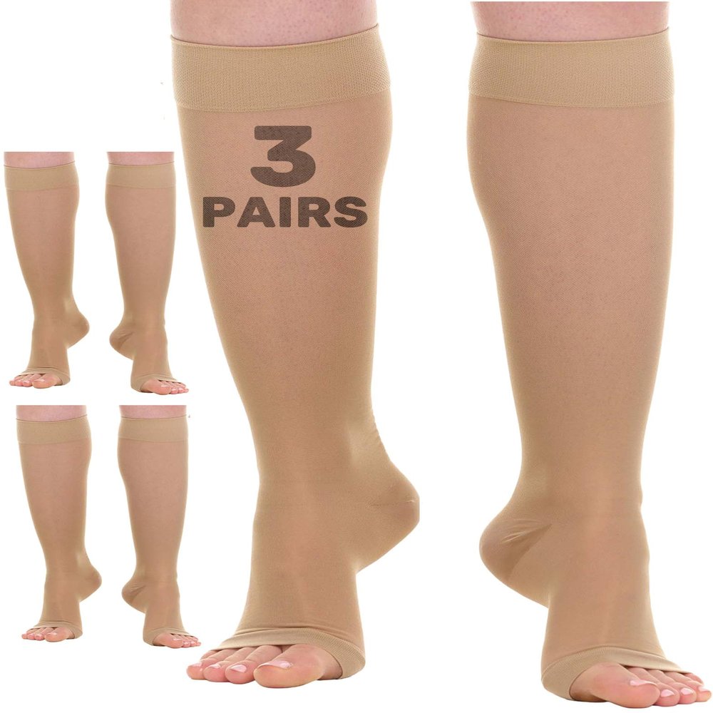 (3 Pairs) Plus Size Sheer Compression Socks for Women 15-20mmHg Open Toe - Toeless Graduated Knee Highs Support Stockings for Circulation, Swelling, Varicose Veins - Beige, XX-Large - A413