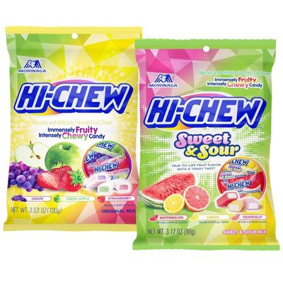 (Variety 2 packs) Hi Chew Candy, Sweet & Sour Mix: Watermelon, Lemon, Grapefruit, Original Mix: Grape, Green Apple, Strawberry, Flavored Individually Wrapped Japanese Candies, 3.53oz, 3.17oz