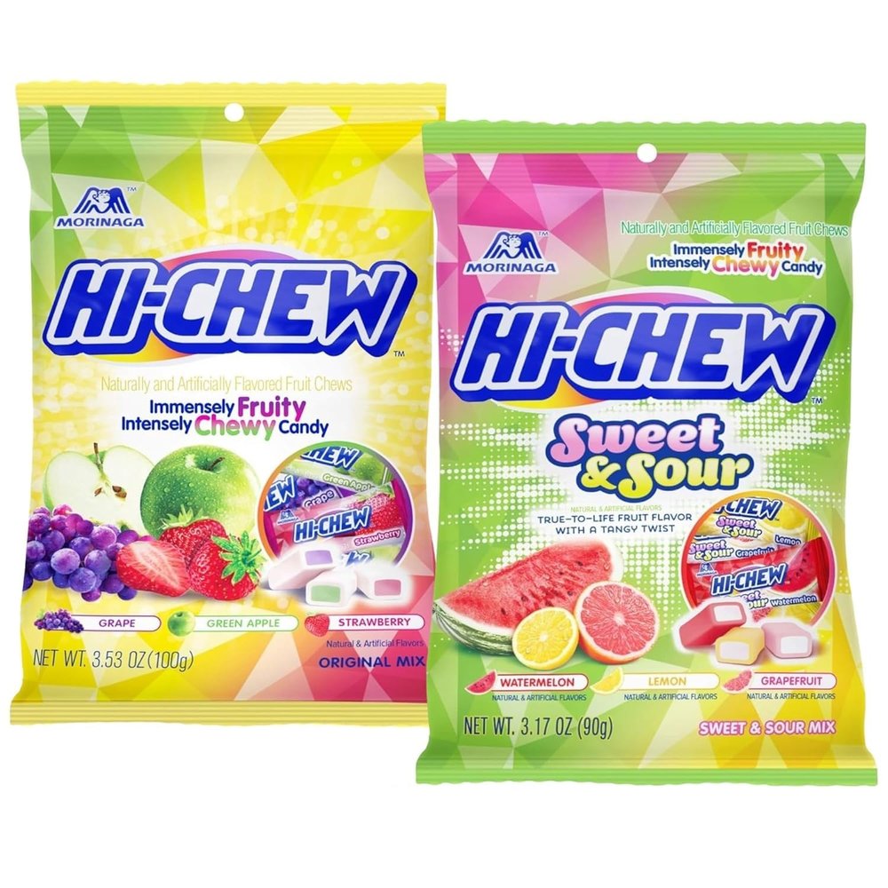 (Variety 2 packs) Hi Chew Candy, Sweet & Sour Mix: Watermelon, Lemon, Grapefruit, Original Mix: Grape, Green Apple, Strawberry, Flavored Individually Wrapped Japanese Candies, 3.53oz, 3.17oz