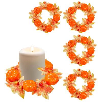 4 PCS Fall Candle Wreaths, Artificial Candle Wreaths with Maple Leaves, Thanksgiving Candle Rings, Fall Pumpkin Candle Rings, Mini Wreaths for Thanksgiving Harvest Tabletop Party
