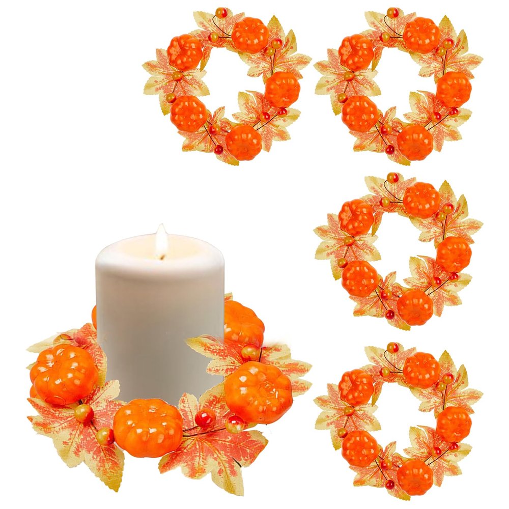 4 PCS Fall Candle Wreaths, Artificial Candle Wreaths with Maple Leaves, Thanksgiving Candle Rings, Fall Pumpkin Candle Rings, Mini Wreaths for Thanksgiving Harvest Tabletop Party