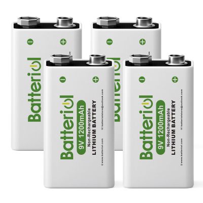 Batteriol 9V Lithium Batteries, 1200mAh Lithium 9 Volt Batteries, 10 Year Shelf Life, Long-Lasting Power for Smoke Detector, Microphone and Walkie Talkie, Non-Rechargeable 4 Pack