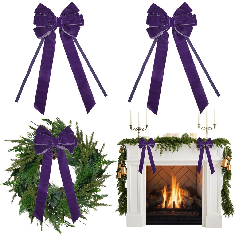 AIMUDI Purple Velvet Bows 6.5" x 15" Purple Bow for Gift Wrapping Velvet Bows for Christmas Tree, Holiday Crafts, Wreath, Garland, Staircase, Home Outdoor Winter Christmas Decorations, 2 PCs