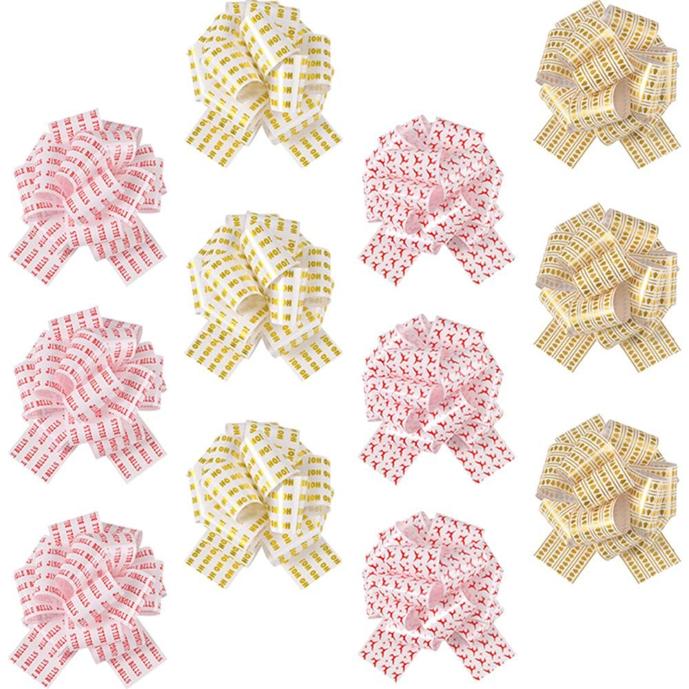 12 Pcs 7 Inch Big Pull Bows for Gift Wrapping Christmas Decorations, Printed with Xmas Tree, Reindeer, Ho Ho Ho, and Jingle Bells Patterns, 011 Christmas Set1
