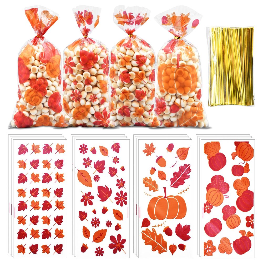 160 Pieces 4 Styles Fall Harvest Cellophane Treat Candy Bags with Twist Ties - Pumpkin and Leaf Designs Clear Goodie Bags for Kids, Thanksgiving Day Party Favors, and Autumn Snack Decorations