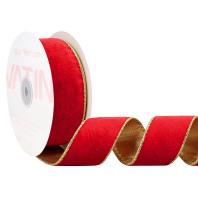VATIN Red Velvet Wired Ribbon 1.5" Metallic Red Gold Velvet Christmas Ribbon for Floral Arrangements Wrapping Gifts Stylish Decor Creation -Continuous 5 Yards