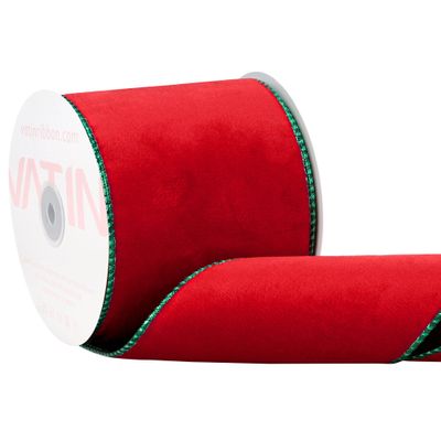 VATIN Red Velvet Wired Ribbon 4" Metallic Red Green Velvet Christmas Ribbon for Floral Arrangements Wrapping Gifts Stylish Decor Creation -Continuous 10 Yards