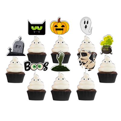 12 PCS Halloween Cupcake Toppers Ghost Witch Tombstone Pumpkin Halloween Boos Cake Decorations Zombie Hand Cake Party Decorations Supplies for Kids Birthday Party Themed Party Favors Supplies