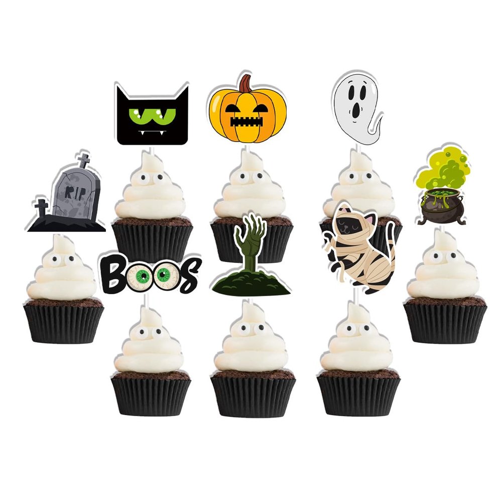 12 PCS Halloween Cupcake Toppers Ghost Witch Tombstone Pumpkin Halloween Boos Cake Decorations Zombie Hand Cake Party Decorations Supplies for Kids Birthday Party Themed Party Favors Supplies