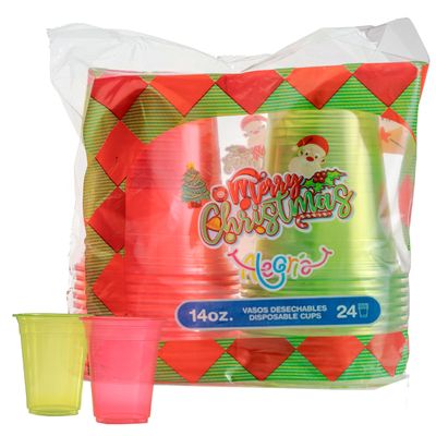 Zupla Christmas Plastic Cups Assorment, Red and Green Disposable Cups, Party Cups, Microwave-Safe, Suitable for Hot/Cold Drinks, 1 Pack of 24 Cups, 14Oz