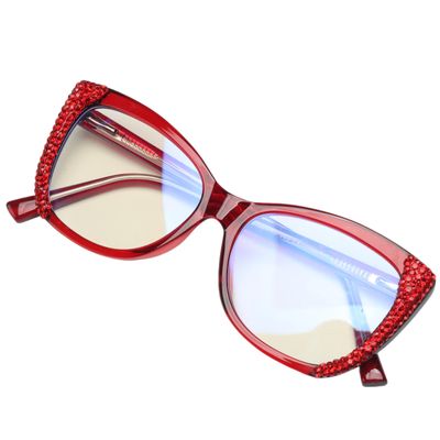 ICARA Cat Eye Crystal Rhinestone Reading Glasses for Women Sparkling Eyewear Frames Female Trendy bling Diamond Reader (Red, 1.25, x)