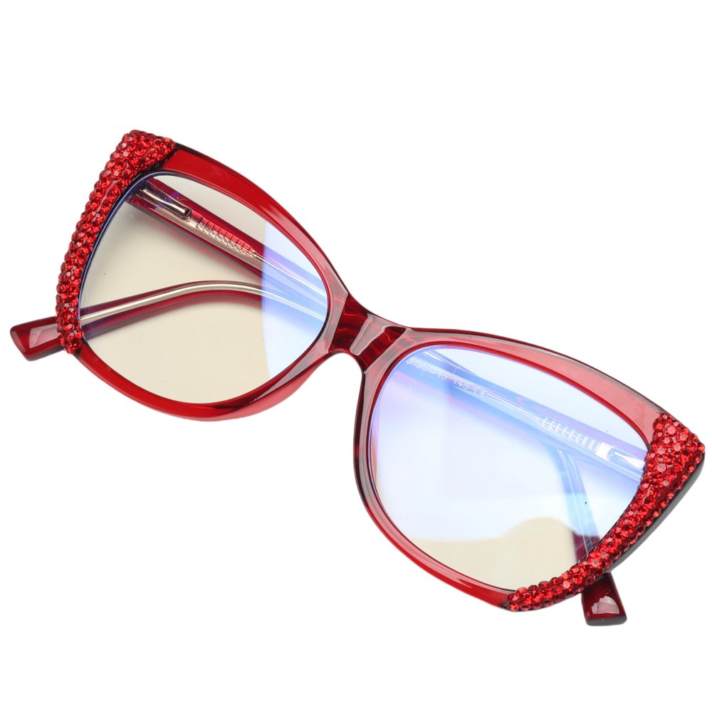 ICARA Cat Eye Crystal Rhinestone Reading Glasses for Women Sparkling Eyewear Frames Female Trendy bling Diamond Reader (Red, 1.25, x)