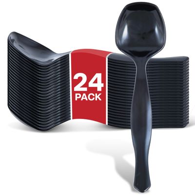 24 Count Disposable Black Plastic Serving Spoons for Catering, Weddings, Holidays and More - Large Plastic Buffet Spoons for Parties, Stock Your Home