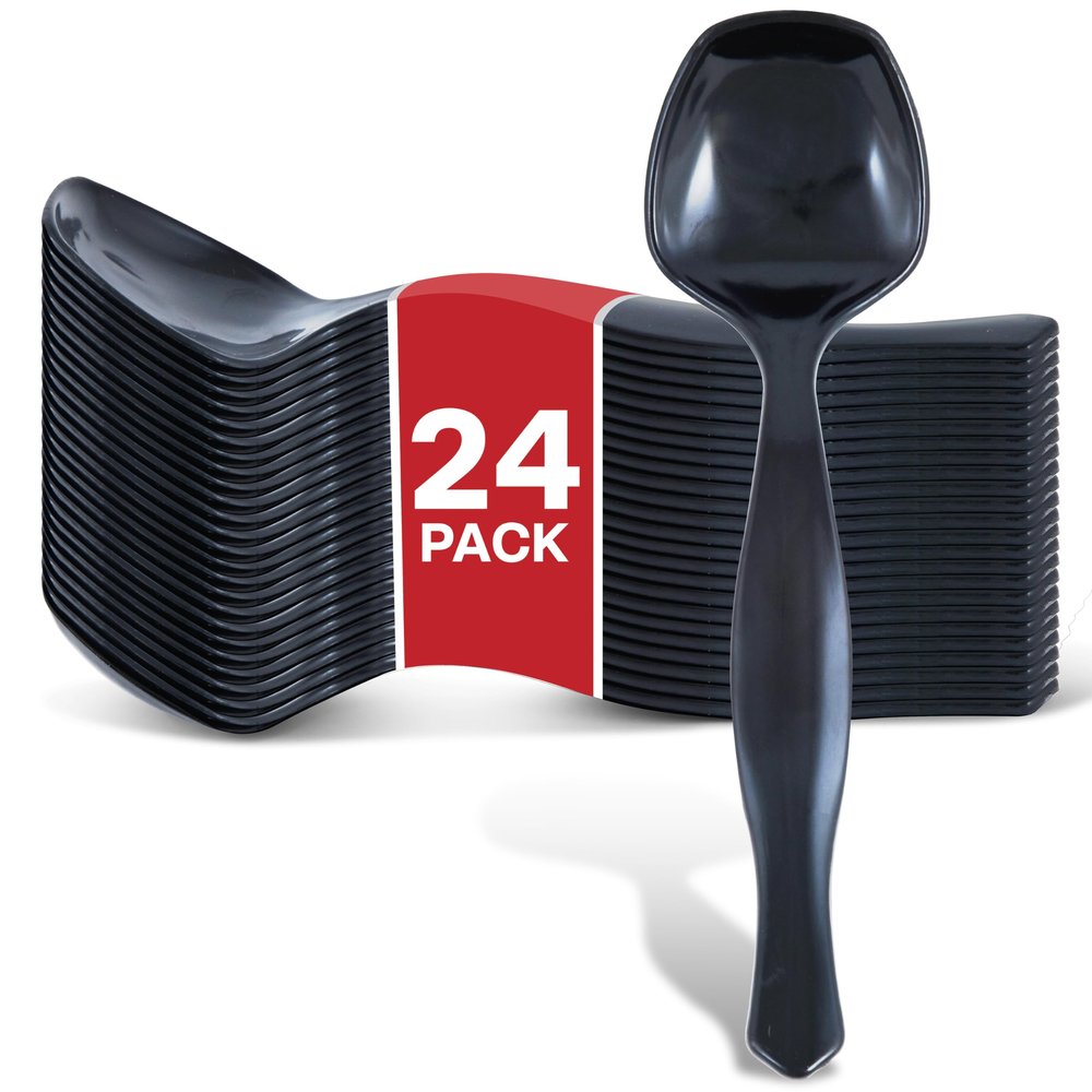 24 Count Disposable Black Plastic Serving Spoons for Catering, Weddings, Holidays and More - Large Plastic Buffet Spoons for Parties, Stock Your Home