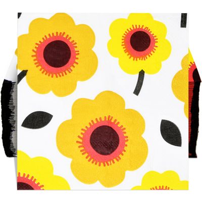 100 Pcs Floral Yellow Cocktail Napkins, Modern Retro Flower Beverage Paper Towels for Birthday Summer Party Table Decor Supplies