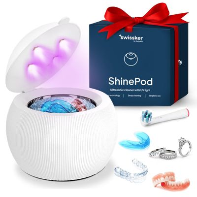 Swissker by Swissklip ShinePod Ultrasonic Retainer Cleaner Machine  Dental Pod Ultrasonic Cleaner for Dentures, Aligners, Mouth Guards, Invisalign Cleaning  UV Sterilization  White