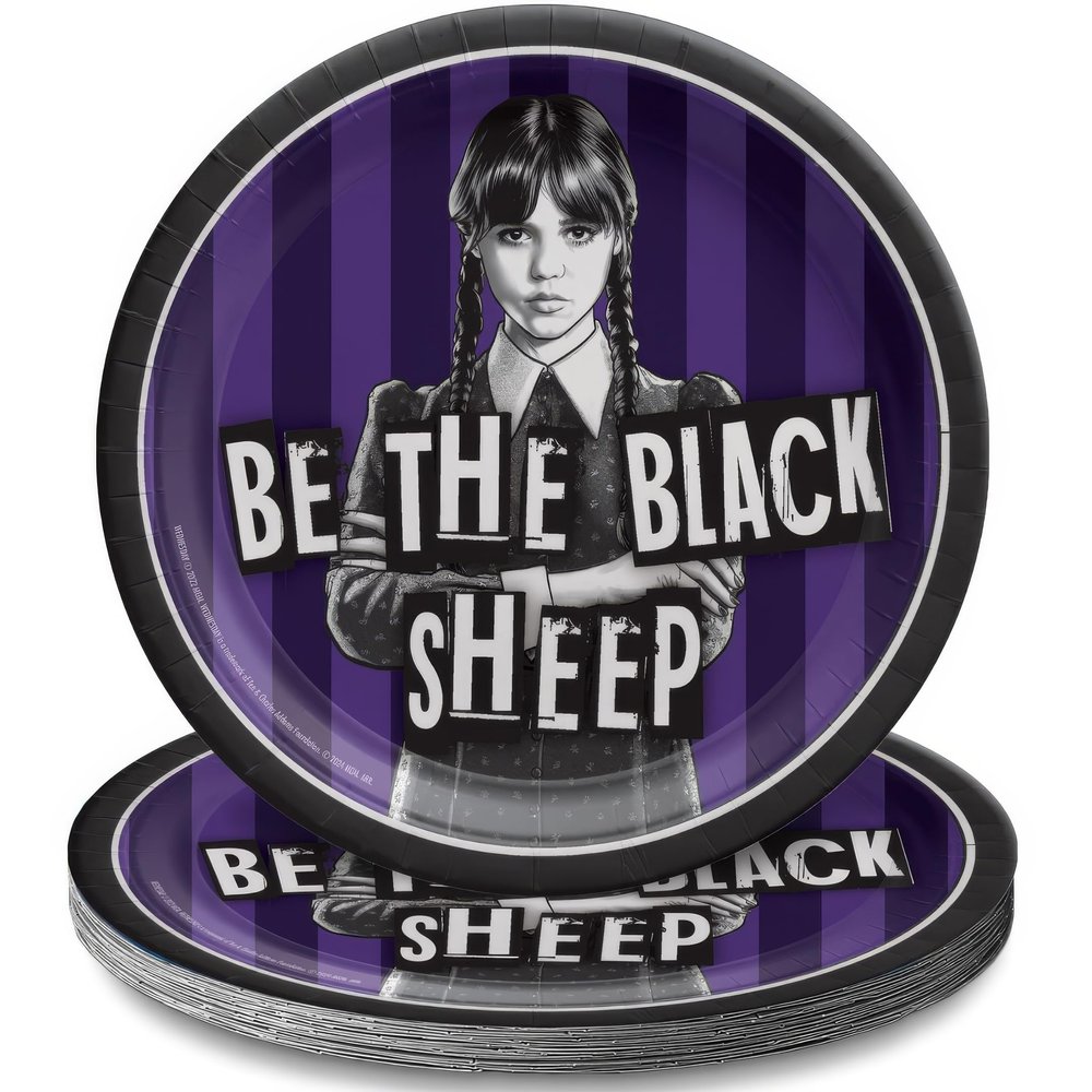 Amscan Black & Purple Wednesday Round Paper Plates (7") Pack of 8 - Vibrant Party Tableware for Birthdays, Celebrations & Events