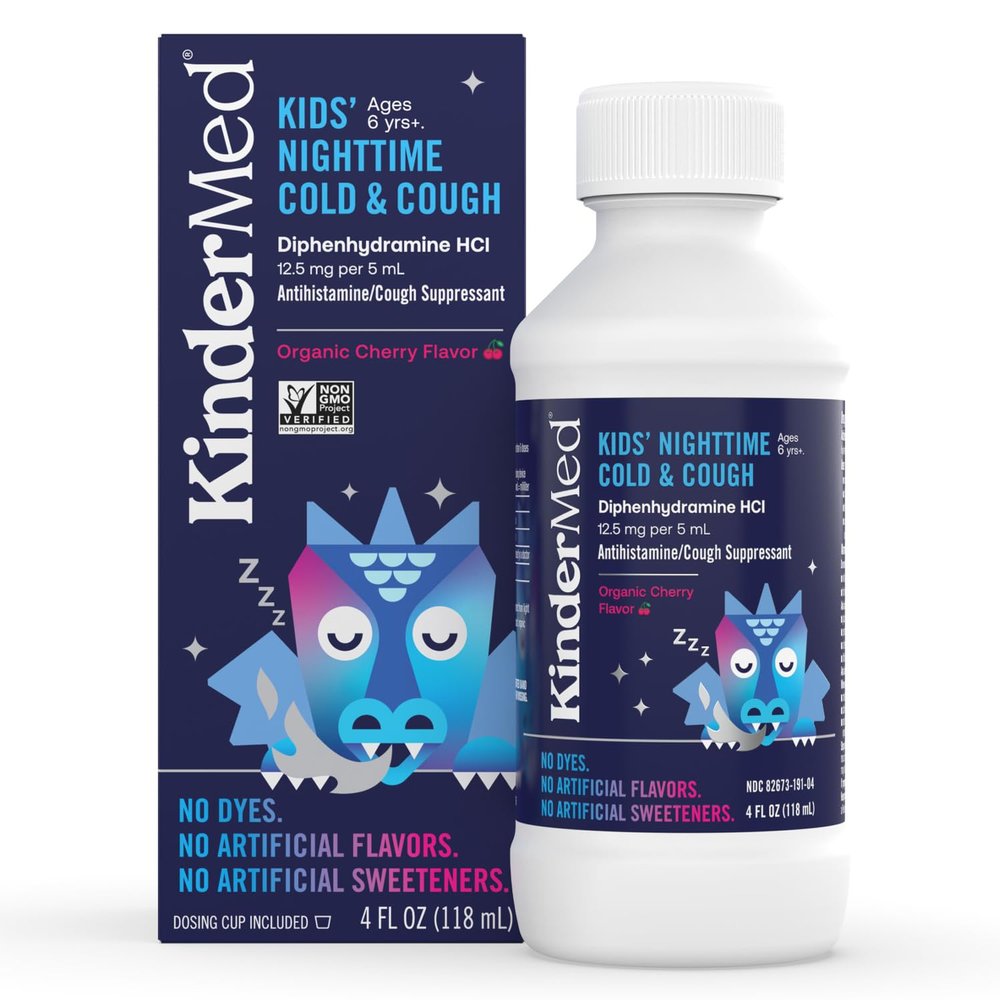 KinderMed Kids' Nighttime Cold & Cough Medicine, for Ages 6 Years+, No Dyes, No Artificial Flavors, No Artificial Sweeteners, Vegan, Non-GMO, Gluten Free, Organic Cherry Flavor (4 Fl Oz)