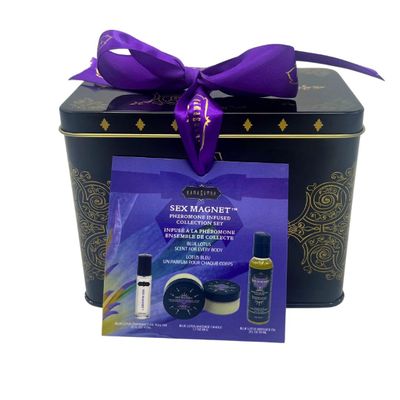 3 Piece Set Pheromone Infused Collection Set, Pheromone Infused Massage Oil - Unisex Blue Lotus Scent - Massage Oil Candle, Roller Ball, Complete Pheromone Collection Set in Gift Tin (Blue Lotus)