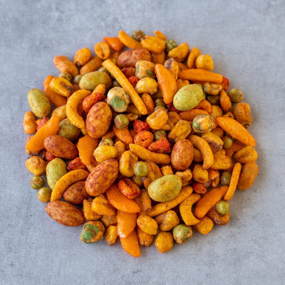 Southern Style Chili Snack | Hot Crunchy Fusion | Crispy Snacks - Savory Flavor Burst With Crunch, Ultimate Chili Nut & Snack Mix - Spicy Wasabi Peanuts, Green Peas, Cajun Corn Sticks and Peanut, Chili Lemon Corn Nuggets (2 Pound (Pack of 1), Chili)