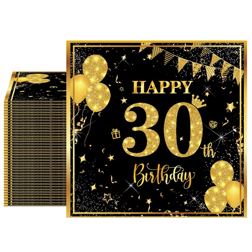 30th Birthday Decorations for Him 40PCS 30th Birthday Napkins Black and Gold Disposable Paper Beverage Napkins for Wedding 30 Fabulous Party Supplies