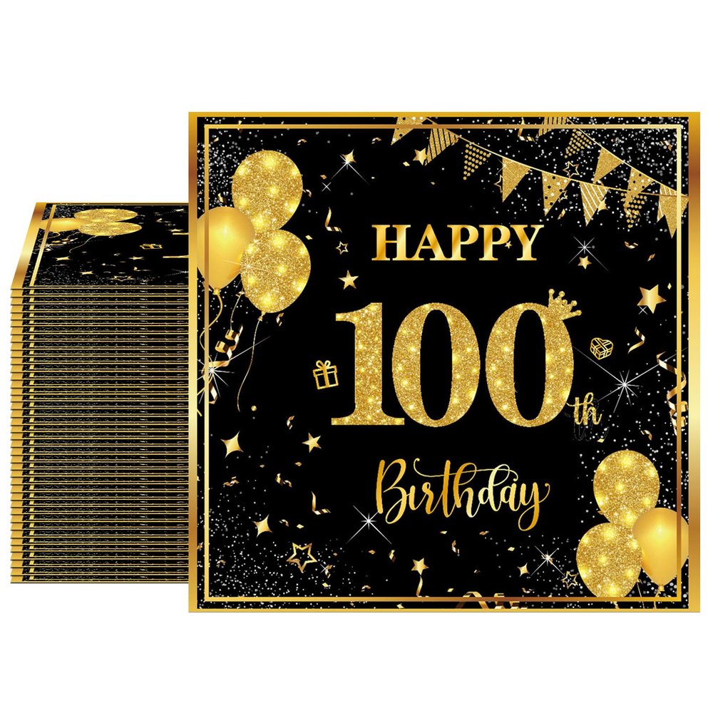 40PCS 100th Birthday Decorations Black and Gold 100th Birthday Napkins Disposable Napkins for 100th Anniversary Birthday Party Decorations Supplies