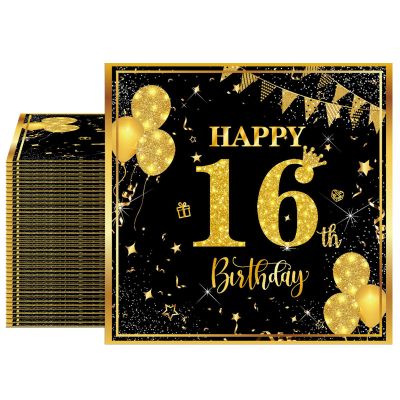16th Birthday Decorations for Boys 40pcs Black and Gold Napkins Disposable Birthday Party Paper Napkins for Happy 16th Birthday Party Supplies