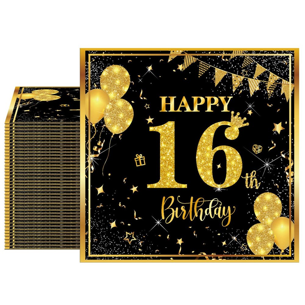 16th Birthday Decorations for Boys 40pcs Black and Gold Napkins Disposable Birthday Party Paper Napkins for Happy 16th Birthday Party Supplies