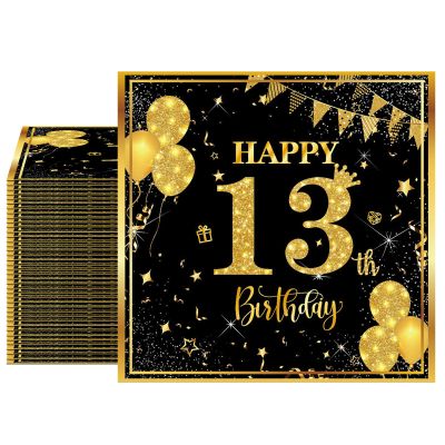 40pcs 13th Happy Birthday Napkins Black and Gold Exceptional 13th Birthday Decorations for Boys and Girls Parties, Disposable Paper Beverage dinner Napkins