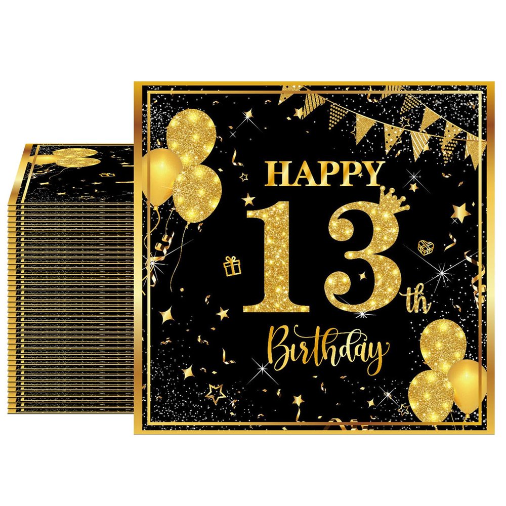 40pcs 13th Happy Birthday Napkins Black and Gold Exceptional 13th Birthday Decorations for Boys and Girls Parties, Disposable Paper Beverage dinner Napkins