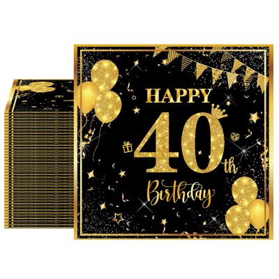 40 Pack 40th Birthday Napkins Black and Gold Glitter - 2-Ply Disposable 6.5x6.5 Inches 40th Party Supplies & Tableware