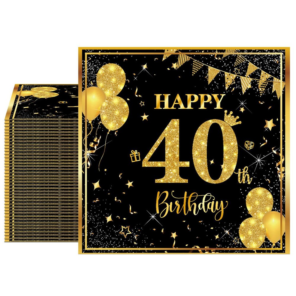 40 Pack 40th Birthday Napkins Black and Gold Glitter - 2-Ply Disposable 6.5x6.5 Inches 40th Party Supplies & Tableware