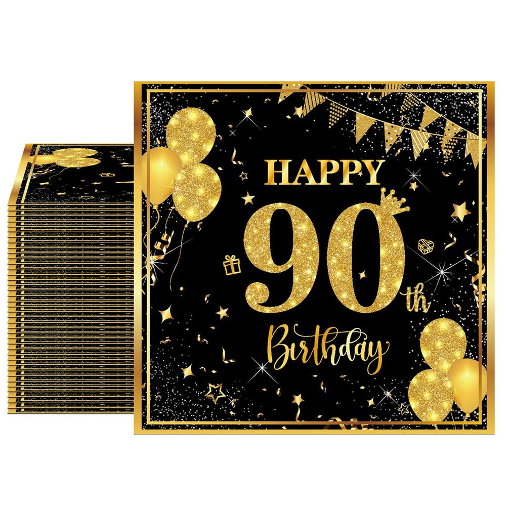 40PCS 90th Birthday Decorations for Men Black and Gold 90th Birthday Napkins Disposable Napkins for 90th Anniversary Birthday Wedding Party Decorations Supplies