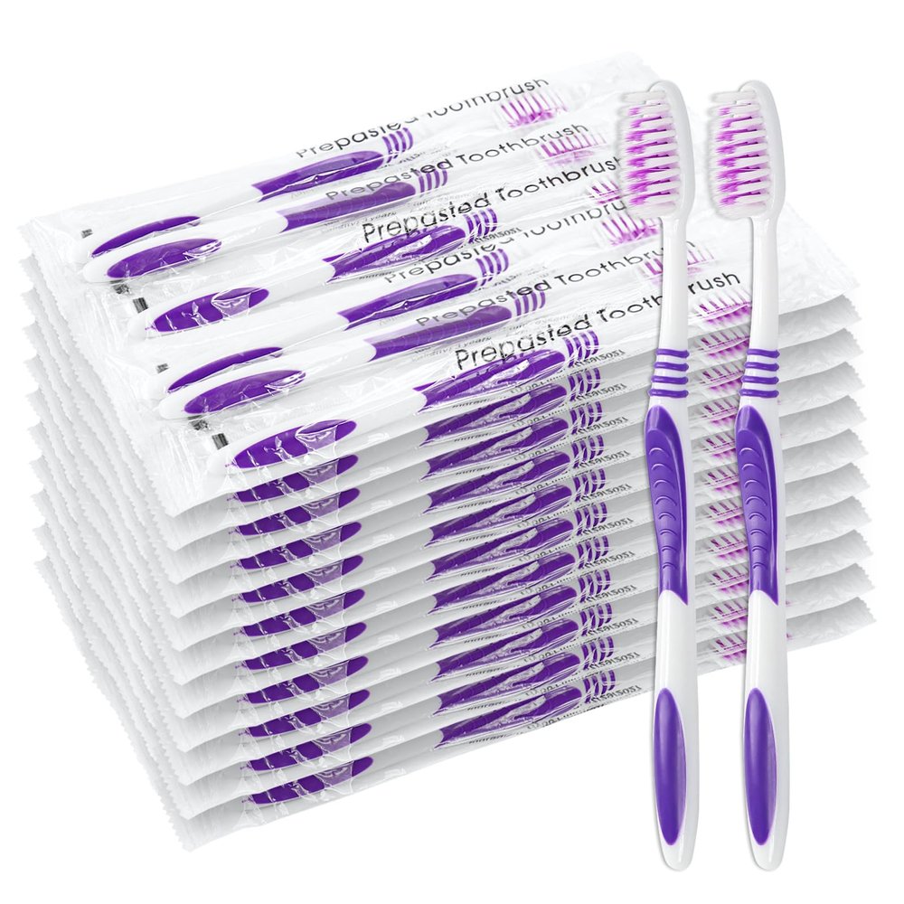 100 Prepasted Disposable Toothbrushes Individually Wrapped Pre Pasted Toothbrushes Soft Bristle Travel Tooth Brush Single Use Wrapped for Hotel, Camping, Travel and Gift for The Homeless (purple)